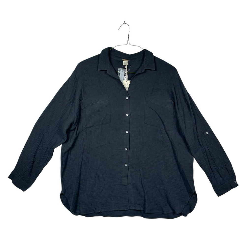 Magaschoni Relax Fit XL Roll Tab Sleeve Collared Button Down Shirt Black Large